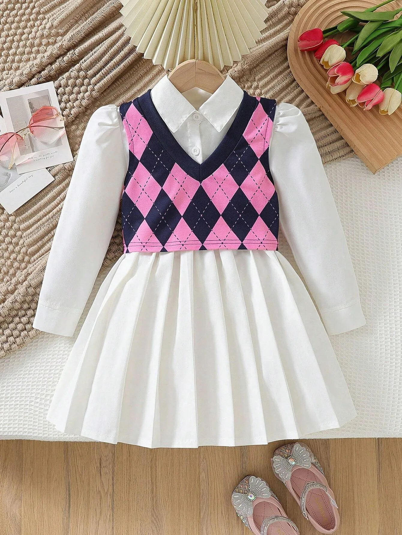 2pcs Young Girls Casual Pleated Long Sleeve Dress   Fashionable Plaid Vest Set