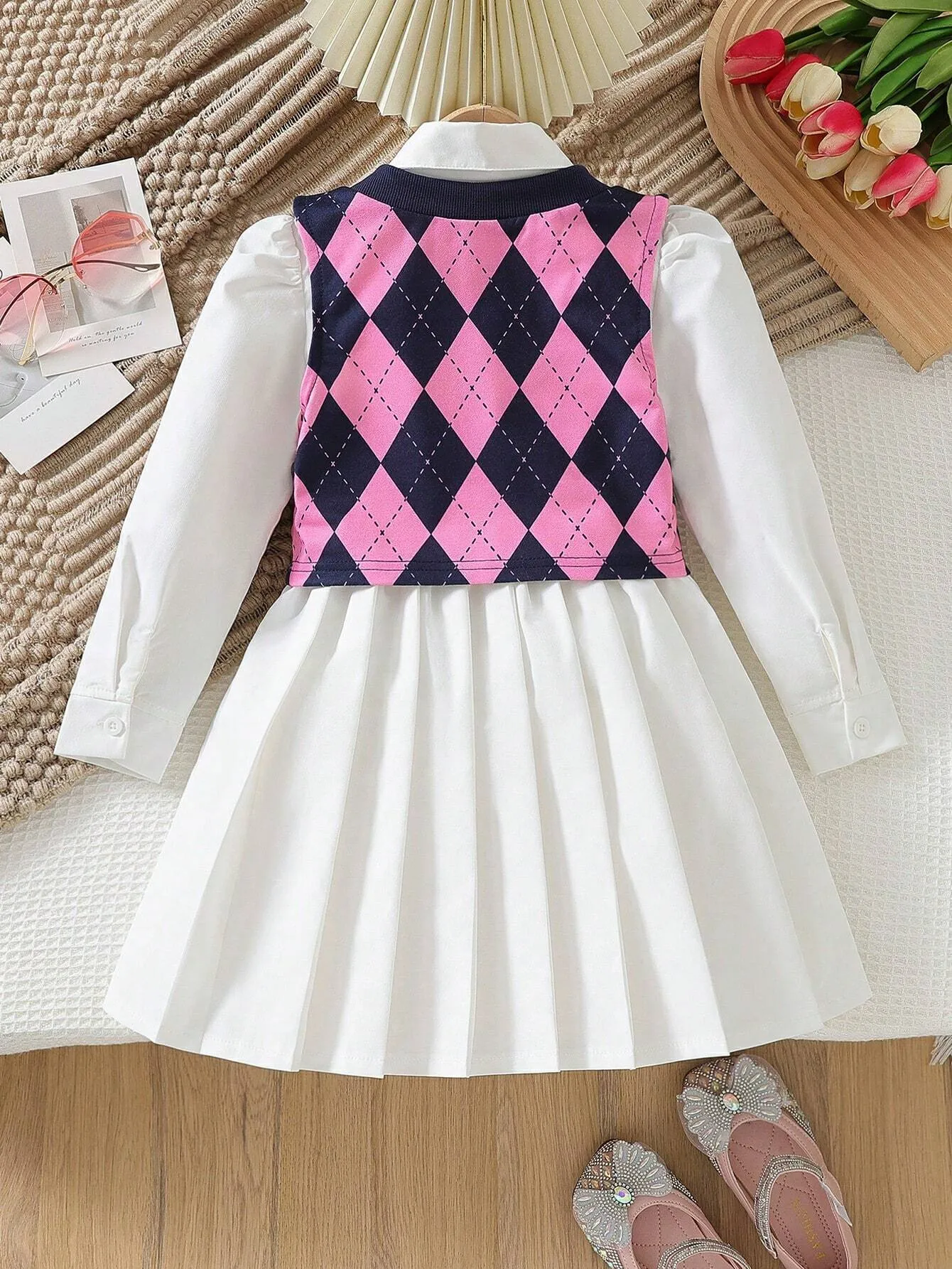 2pcs Young Girls Casual Pleated Long Sleeve Dress   Fashionable Plaid Vest Set