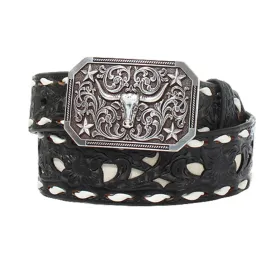 3D Belt Company Boy's Buck Lace Leather Belt With Silver Steer Head Buckle