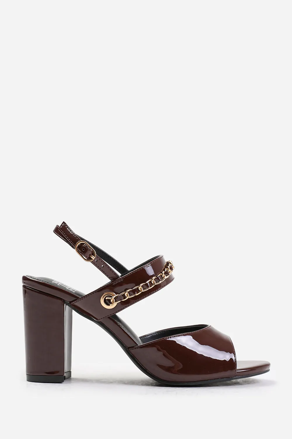 AUDRA WIDE FIT MID BLOCK HEELS WITH CHAIN DETAILING IN OXBLOOD PATENT