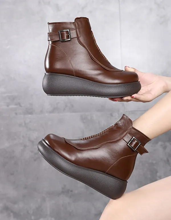 Autumn Winter Retro Leather Wedge Boots For Women