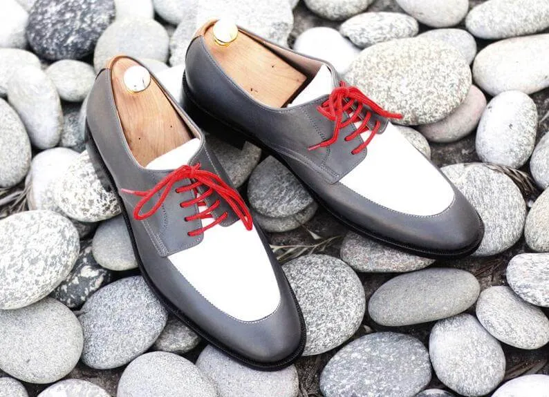 Awesome Handmade Men's Gray White Leather Shoes, Men Lace up Designer Dress Formal Shoes