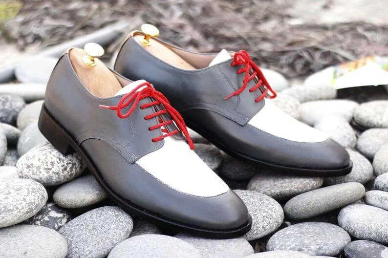 Awesome Handmade Men's Gray White Leather Shoes, Men Lace up Designer Dress Formal Shoes