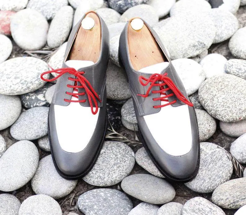 Awesome Handmade Men's Gray White Leather Shoes, Men Lace up Designer Dress Formal Shoes