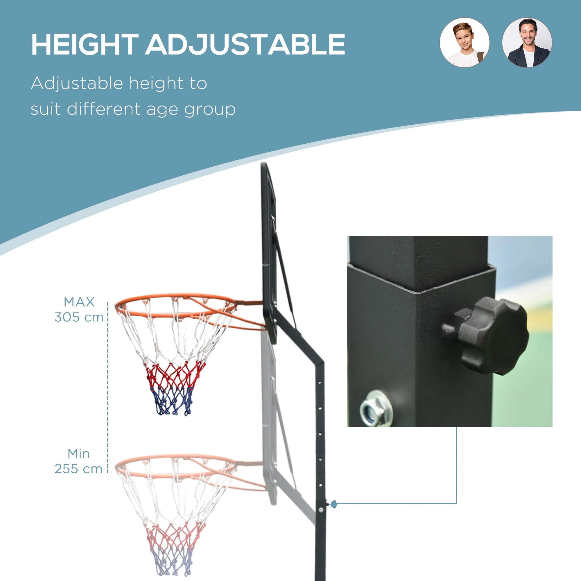 Basketball Hoop Freestanding 255-305cm Hoop Height Adjustable Stand with Backboard Wheels for Teens Adults Black