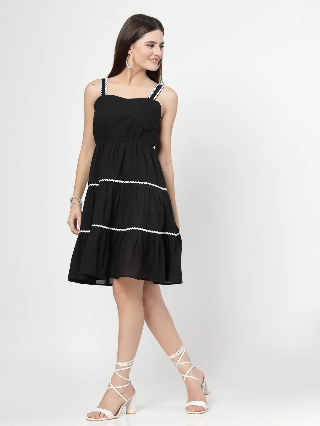 Black Short Dress With White Lace and Cropped Sleeves