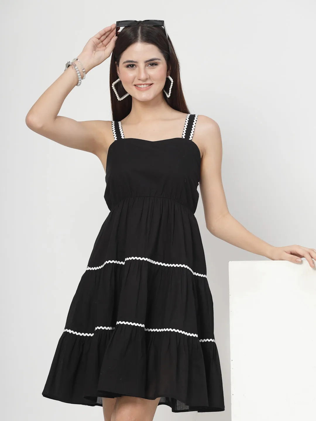 Black Short Dress With White Lace and Cropped Sleeves