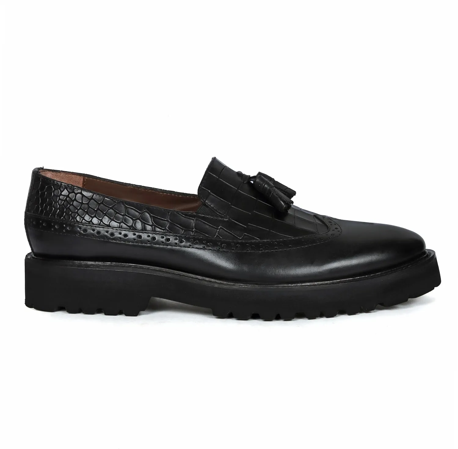 Black Tasseled Wingtip Punching Toe With Light weight Leather Lug Sole Croco Print Shoe By Brune & Bareskin