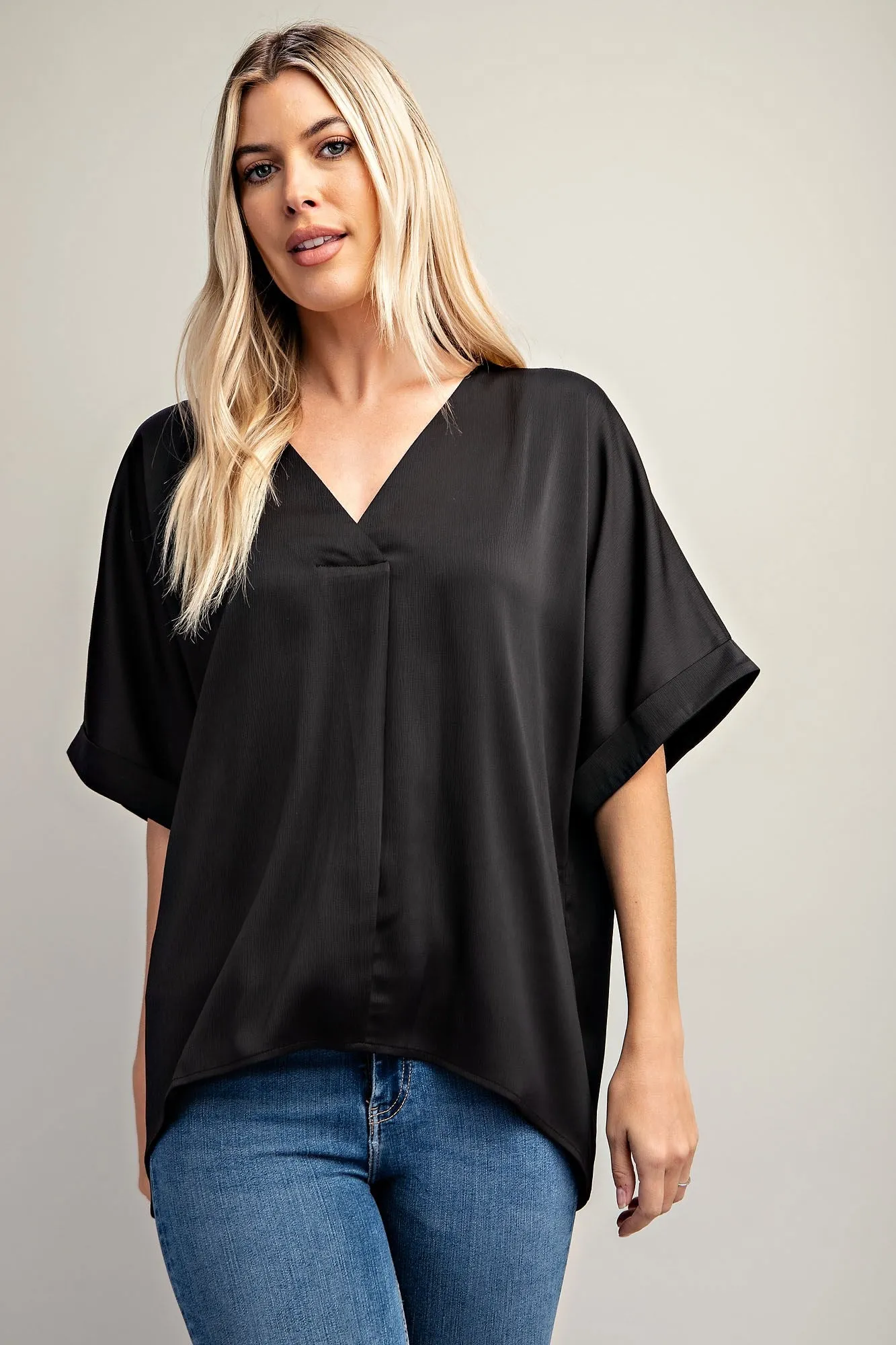 Black V-Neck Cuffed Dolman Sleeve Top