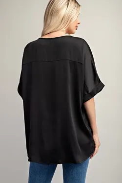 Black V-Neck Cuffed Dolman Sleeve Top