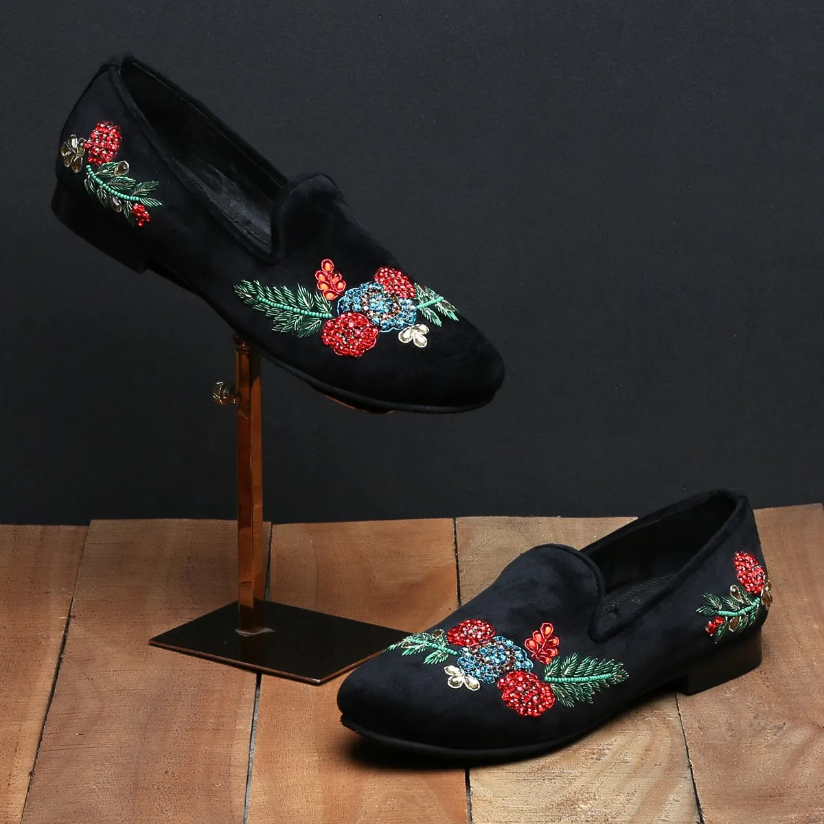 BLACK VELVET RED & GREEN ZARDOSI EMBROIDERY SLIP-ON SHOES BY BRUNE & BARESKIN