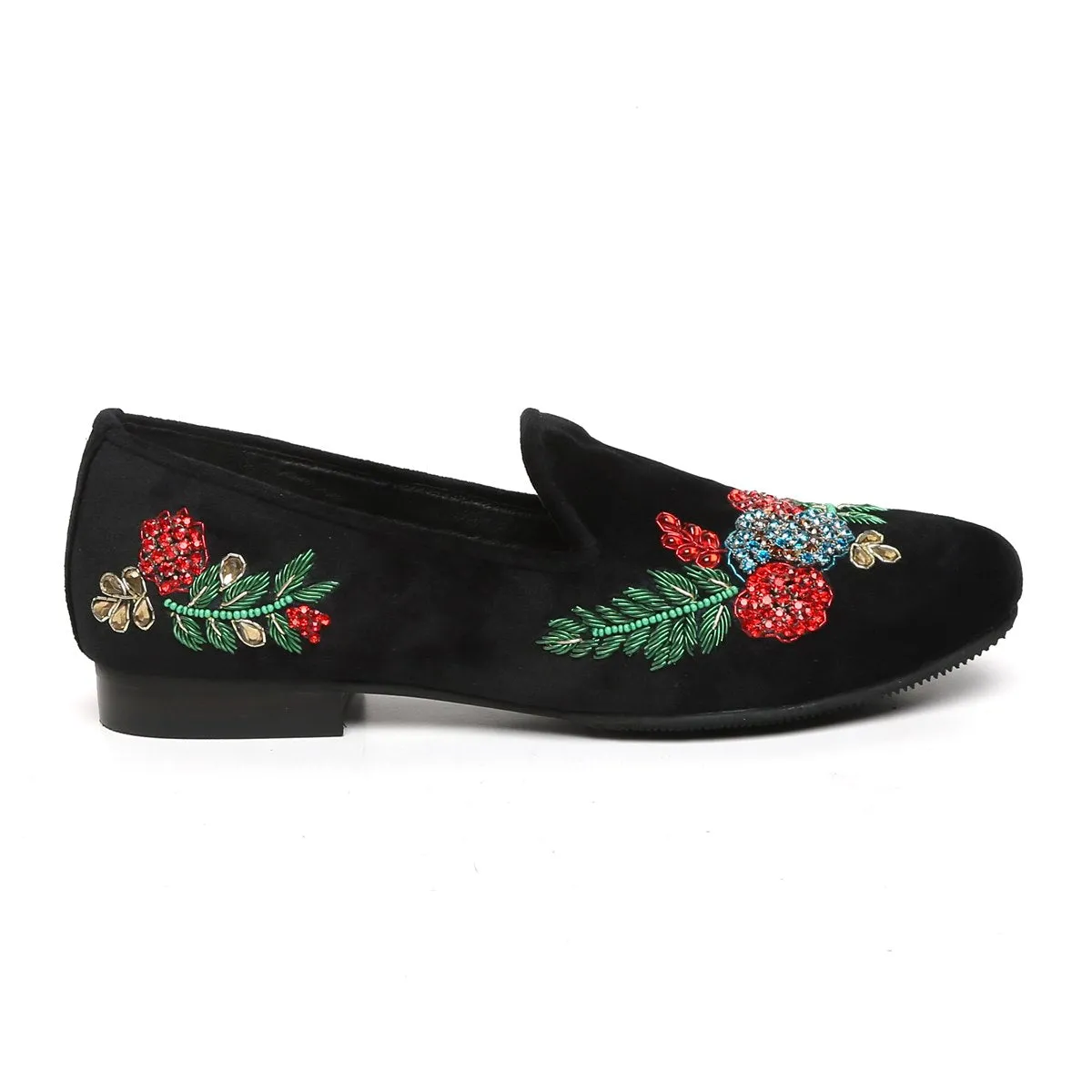 BLACK VELVET RED & GREEN ZARDOSI EMBROIDERY SLIP-ON SHOES BY BRUNE & BARESKIN