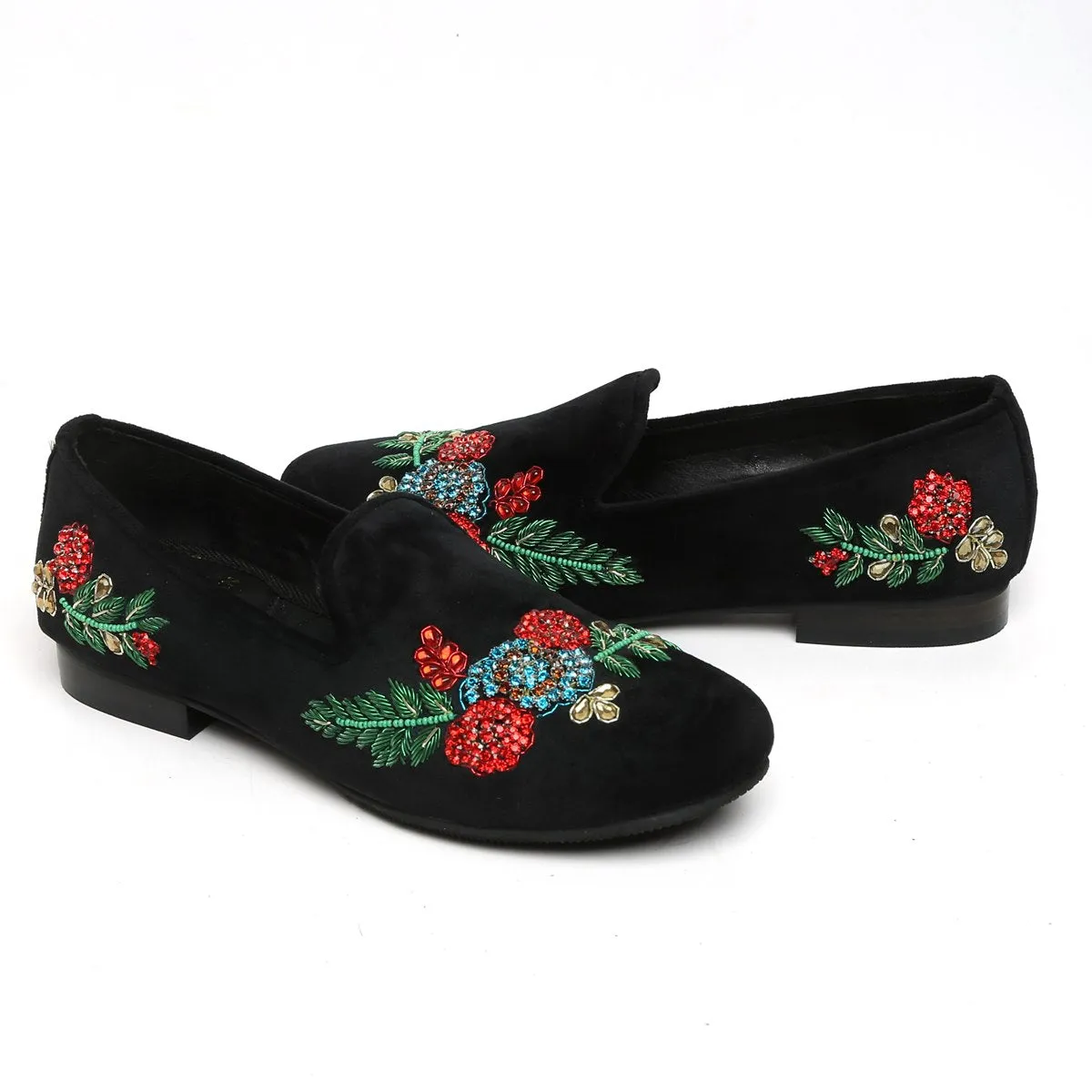 BLACK VELVET RED & GREEN ZARDOSI EMBROIDERY SLIP-ON SHOES BY BRUNE & BARESKIN