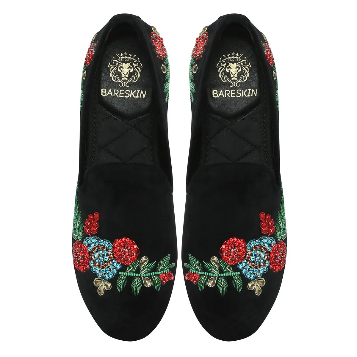 BLACK VELVET RED & GREEN ZARDOSI EMBROIDERY SLIP-ON SHOES BY BRUNE & BARESKIN