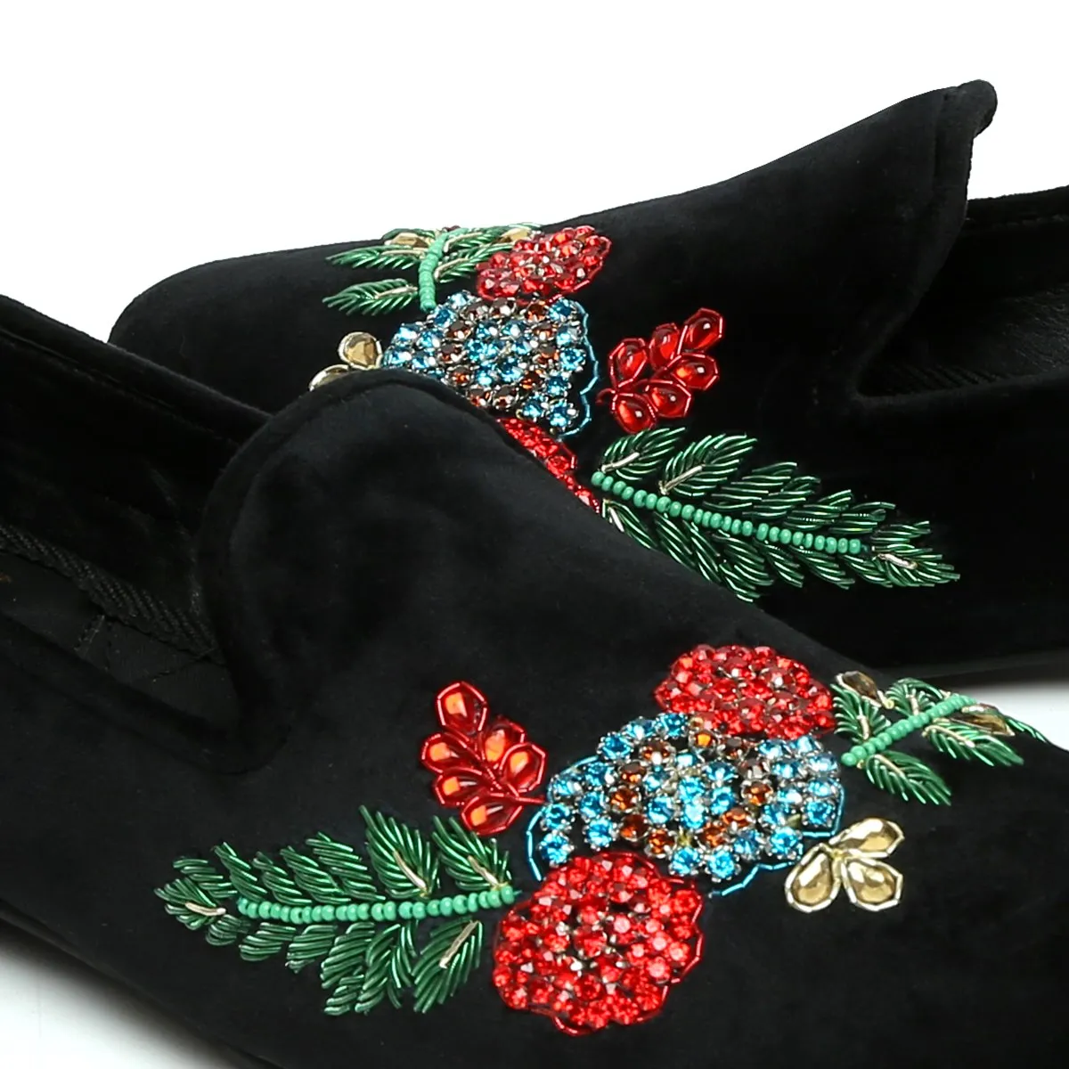 BLACK VELVET RED & GREEN ZARDOSI EMBROIDERY SLIP-ON SHOES BY BRUNE & BARESKIN