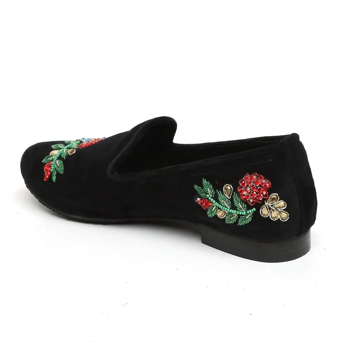 BLACK VELVET RED & GREEN ZARDOSI EMBROIDERY SLIP-ON SHOES BY BRUNE & BARESKIN