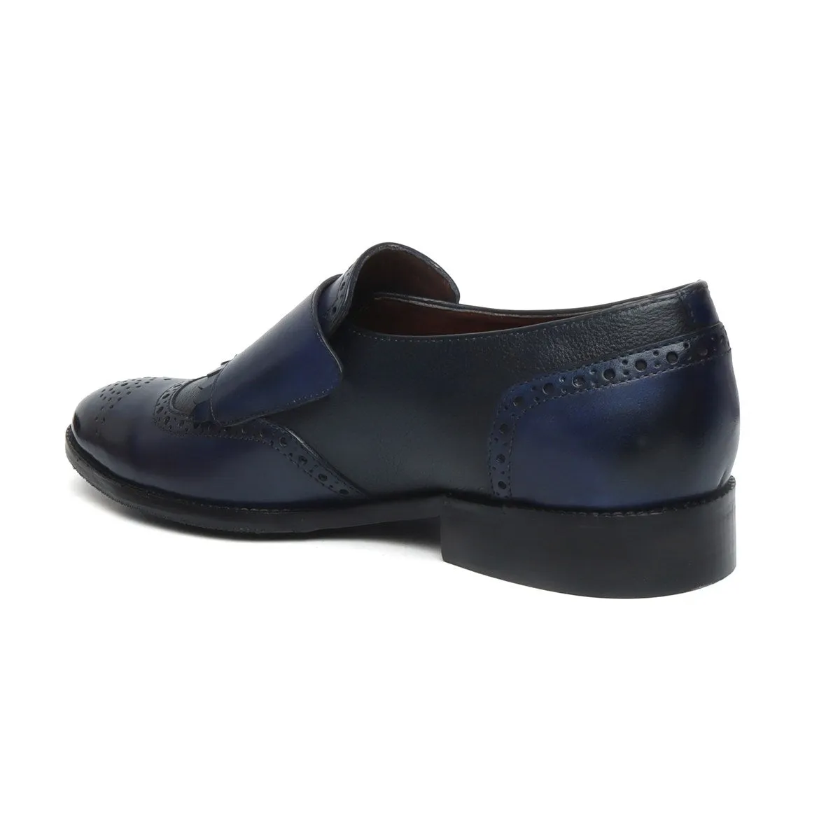 Blue/Black Leather Fringes Double Monk Strap Shoes By Brune & Bareskin