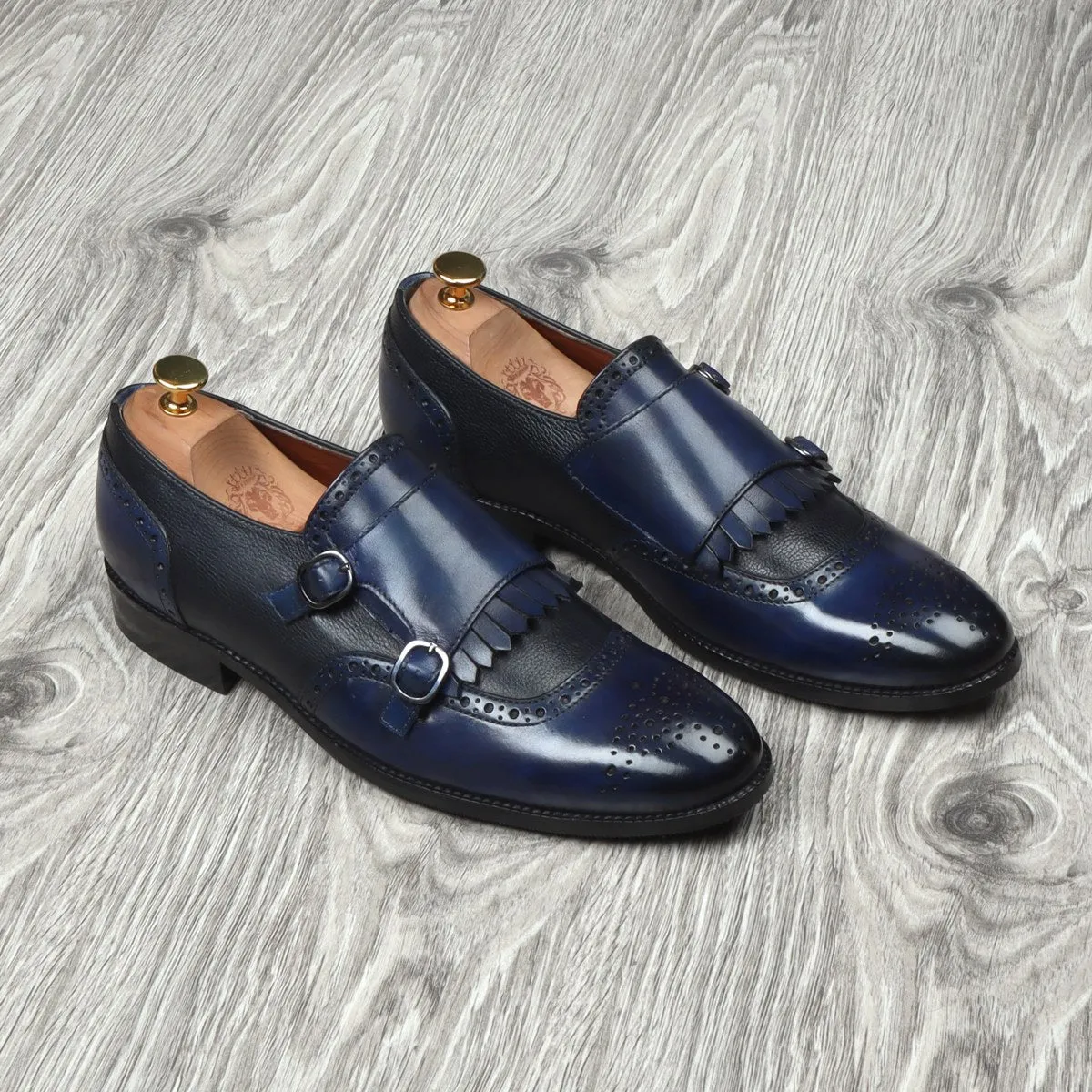 Blue/Black Leather Fringes Double Monk Strap Shoes By Brune & Bareskin