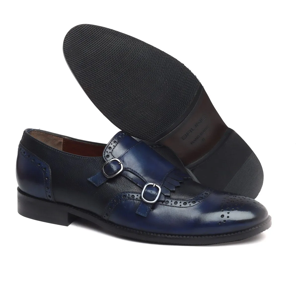 Blue/Black Leather Fringes Double Monk Strap Shoes By Brune & Bareskin