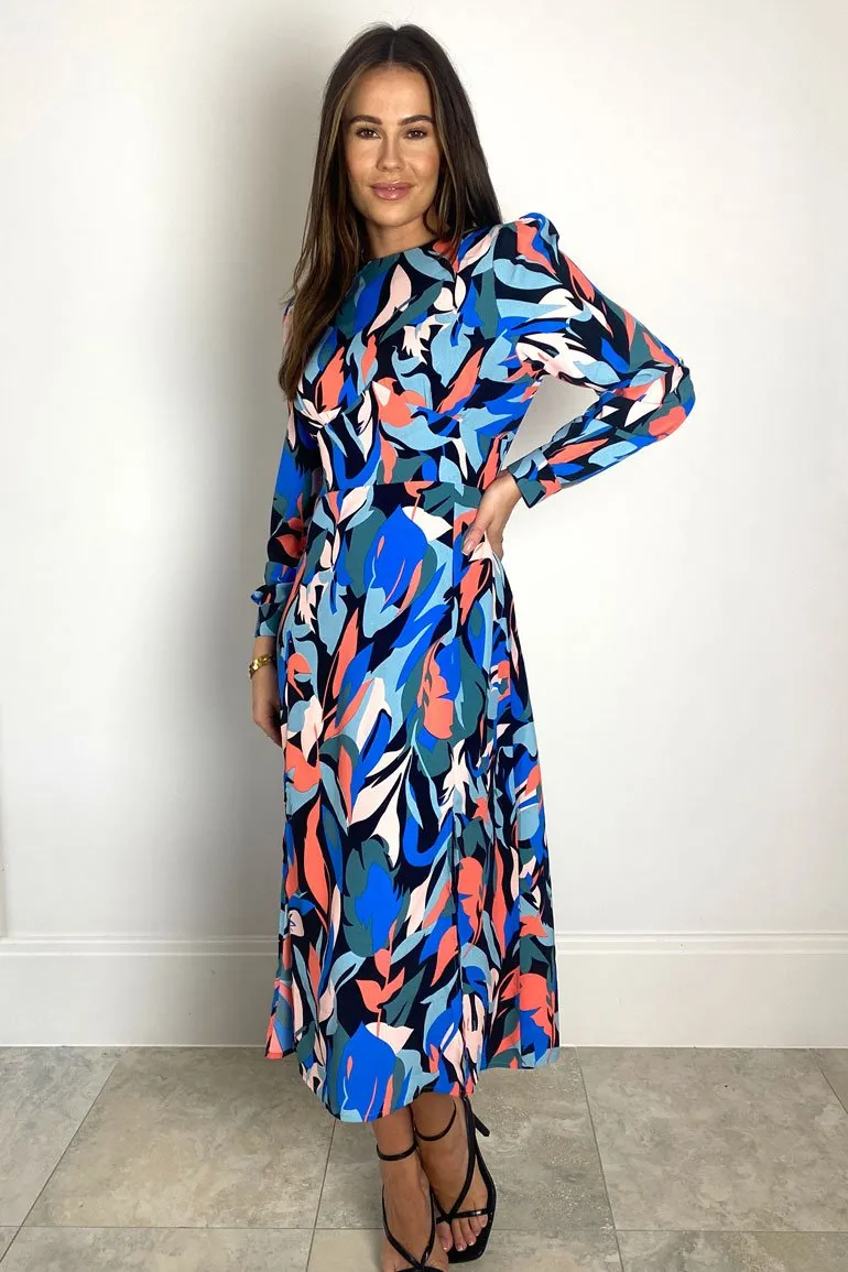 Cass Long Sleeve Split Leg Midi Dress (Blue/Coral)