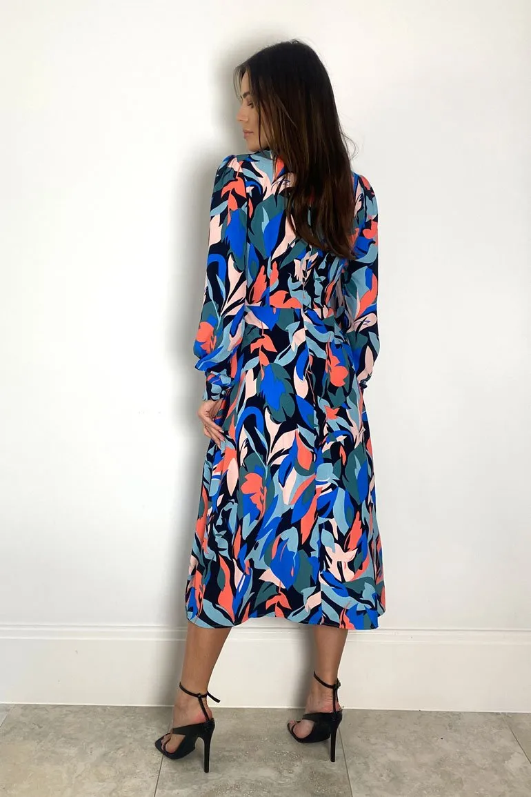 Cass Long Sleeve Split Leg Midi Dress (Blue/Coral)