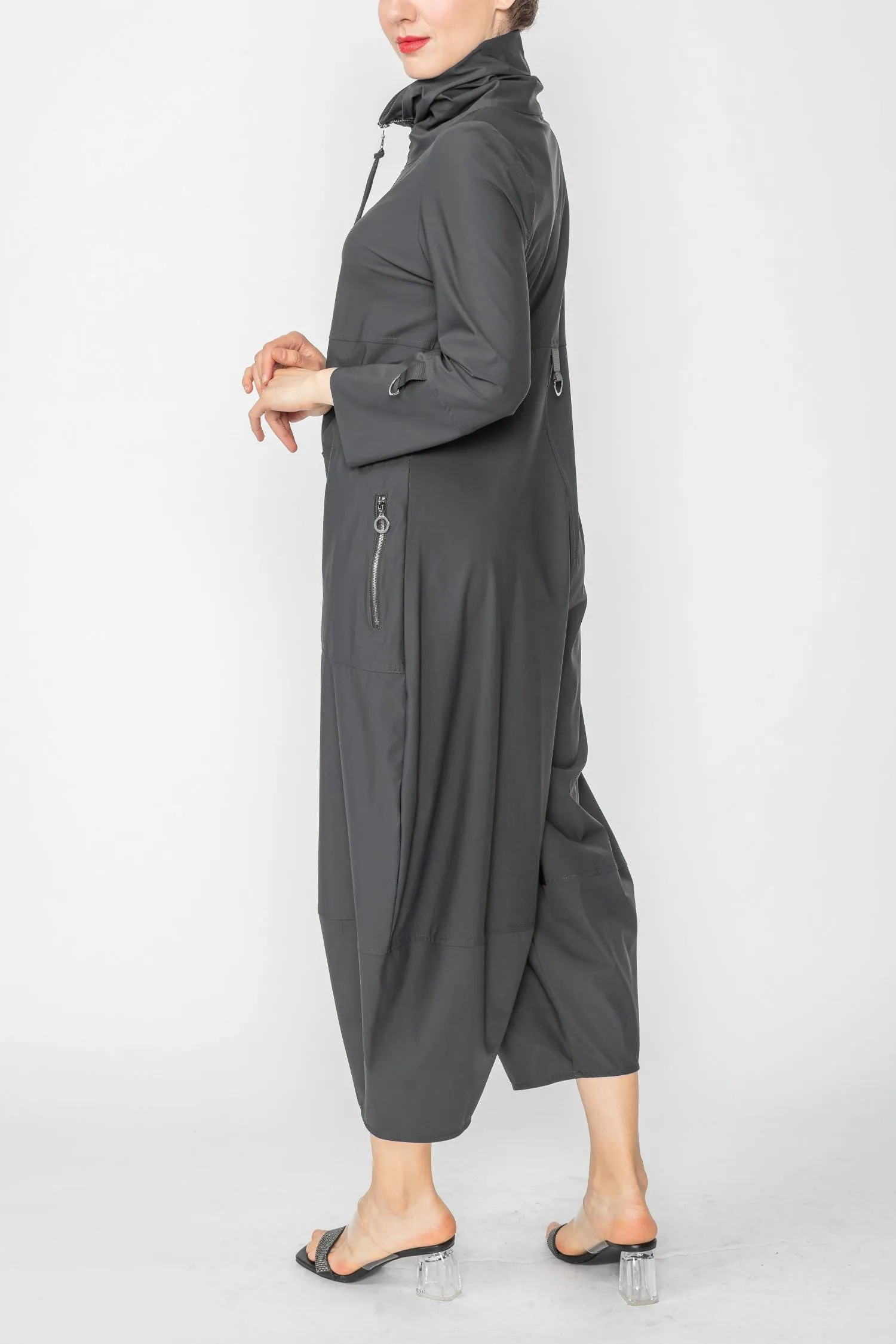 Charcoal Zip-Up Front Cropped Long Sleeve Jumpsuit