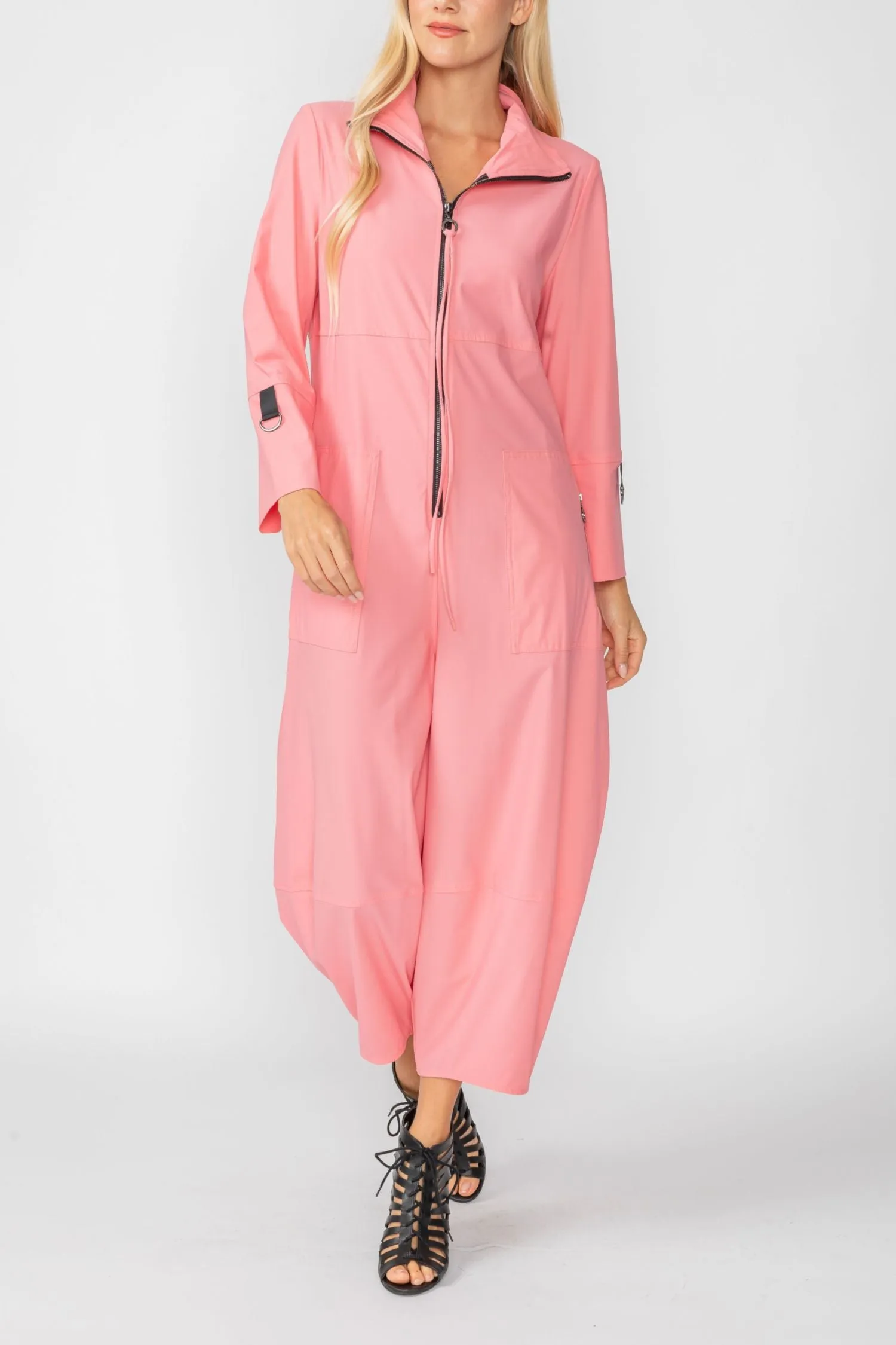 Coral Zip-Up Front Cropped Long Sleeve Jumpsuit