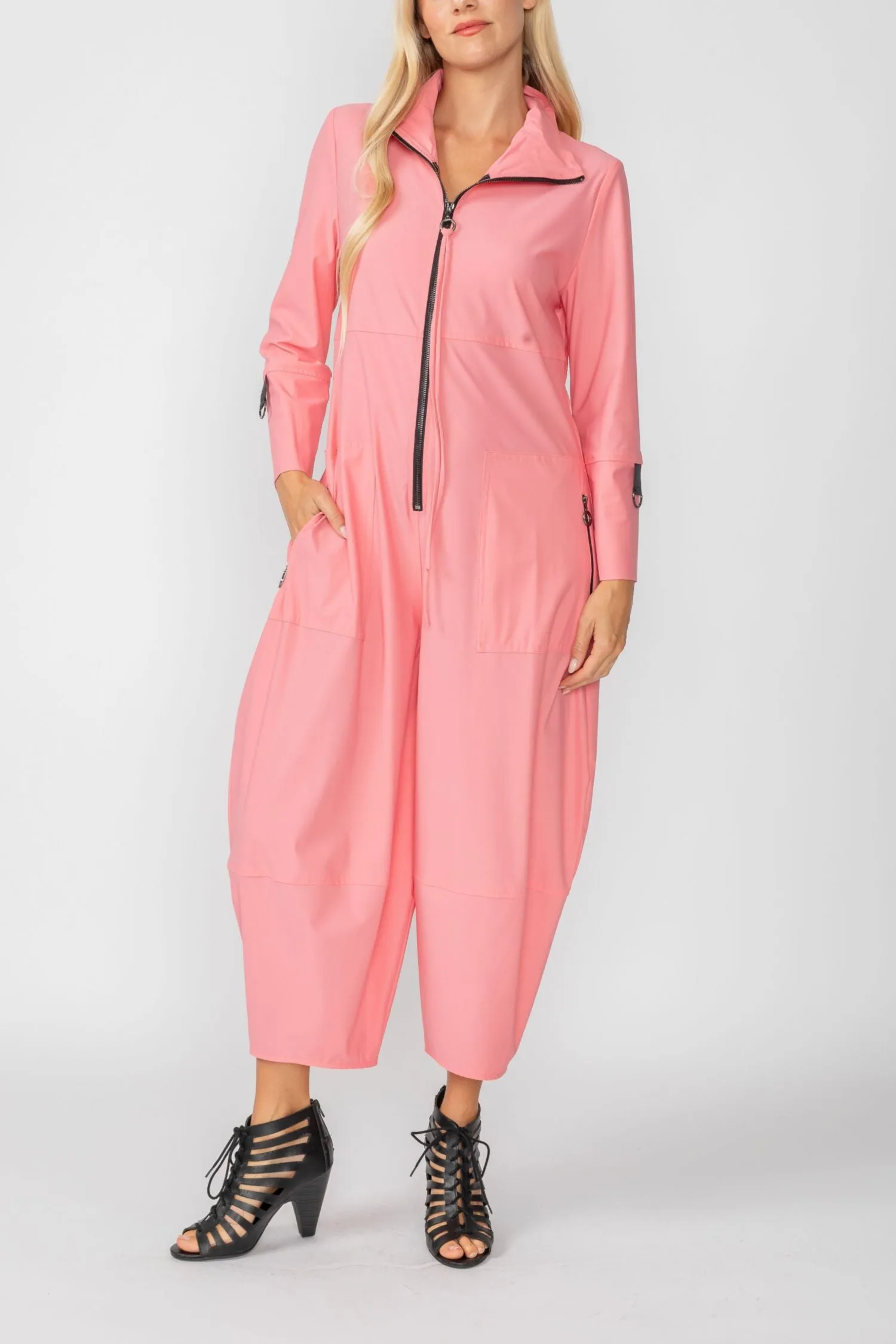 Coral Zip-Up Front Cropped Long Sleeve Jumpsuit