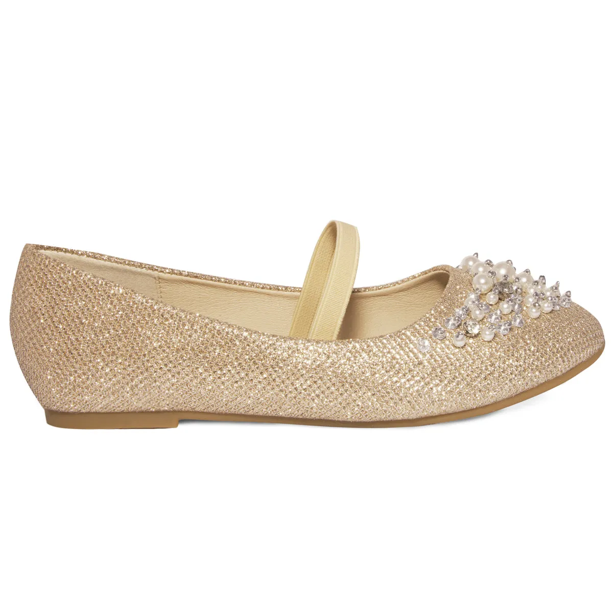 DAHLIA KIDS PEARL & DIAMANTE EMBELLISHED FLATFORM SHOES IN GOLD