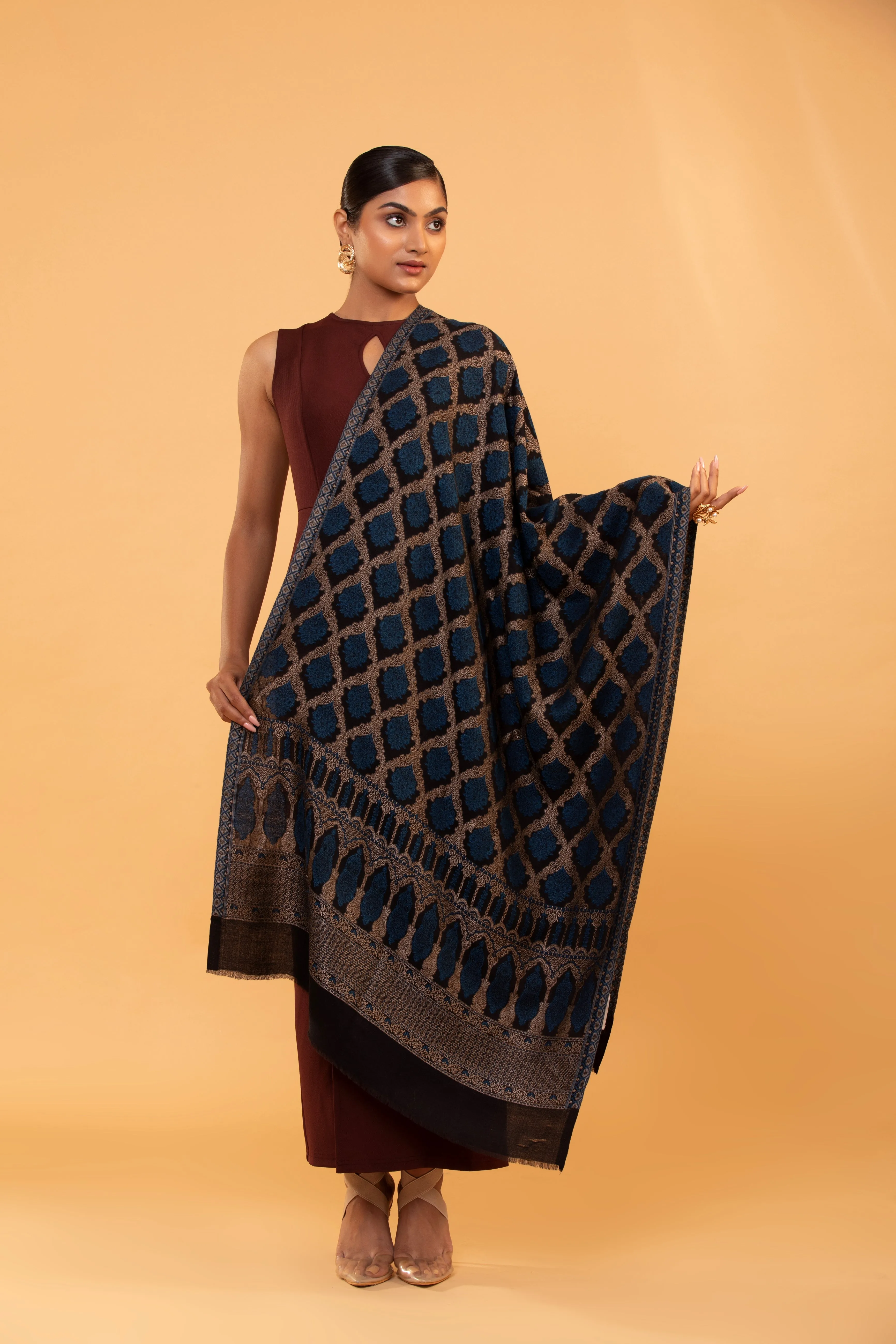 Elegant Fine Wool Shawl with Intricate Geometric Pattern Design