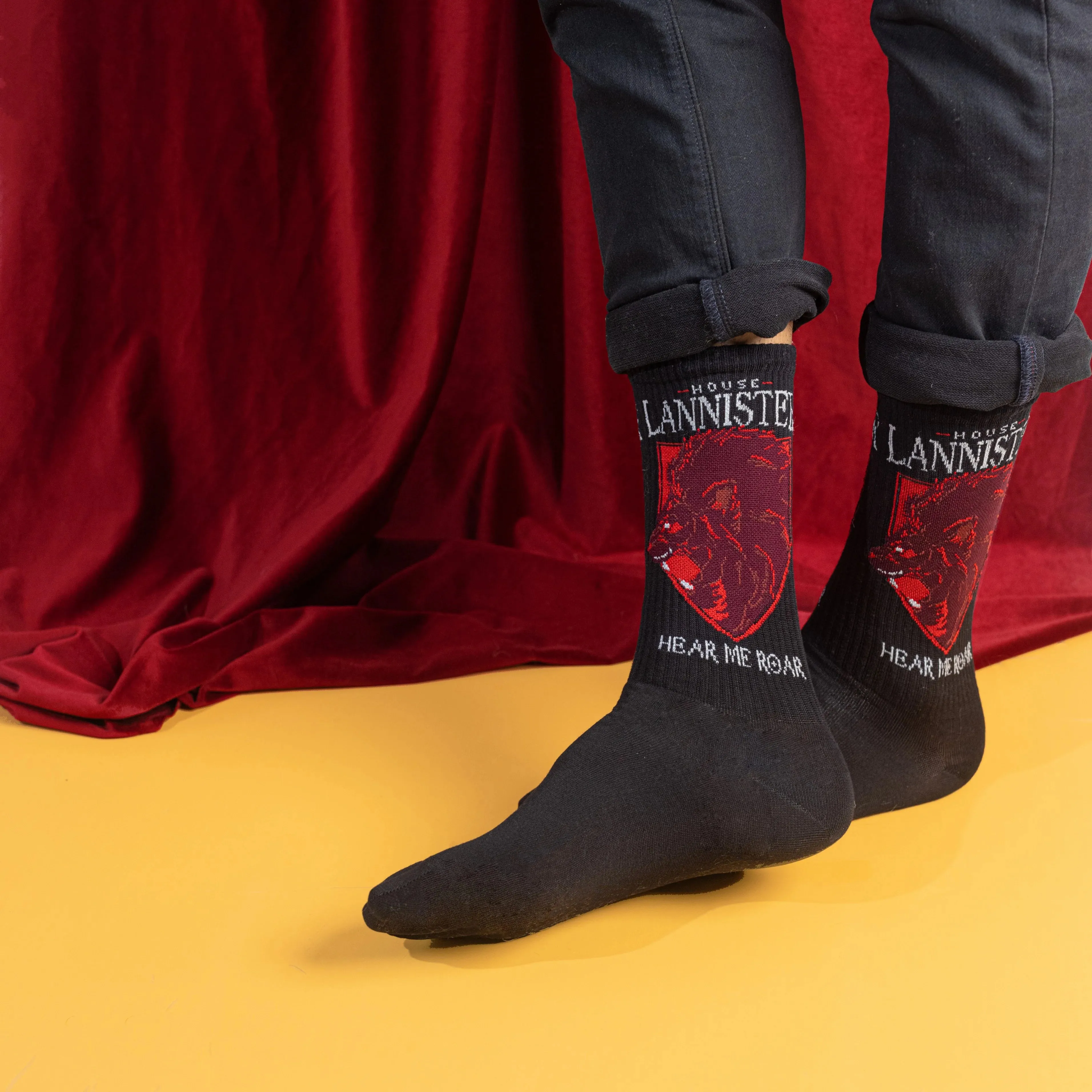 Game Of Thrones House Lannister Sigil & House Of Stark Crew Length Rib Socks For Men - White And Black