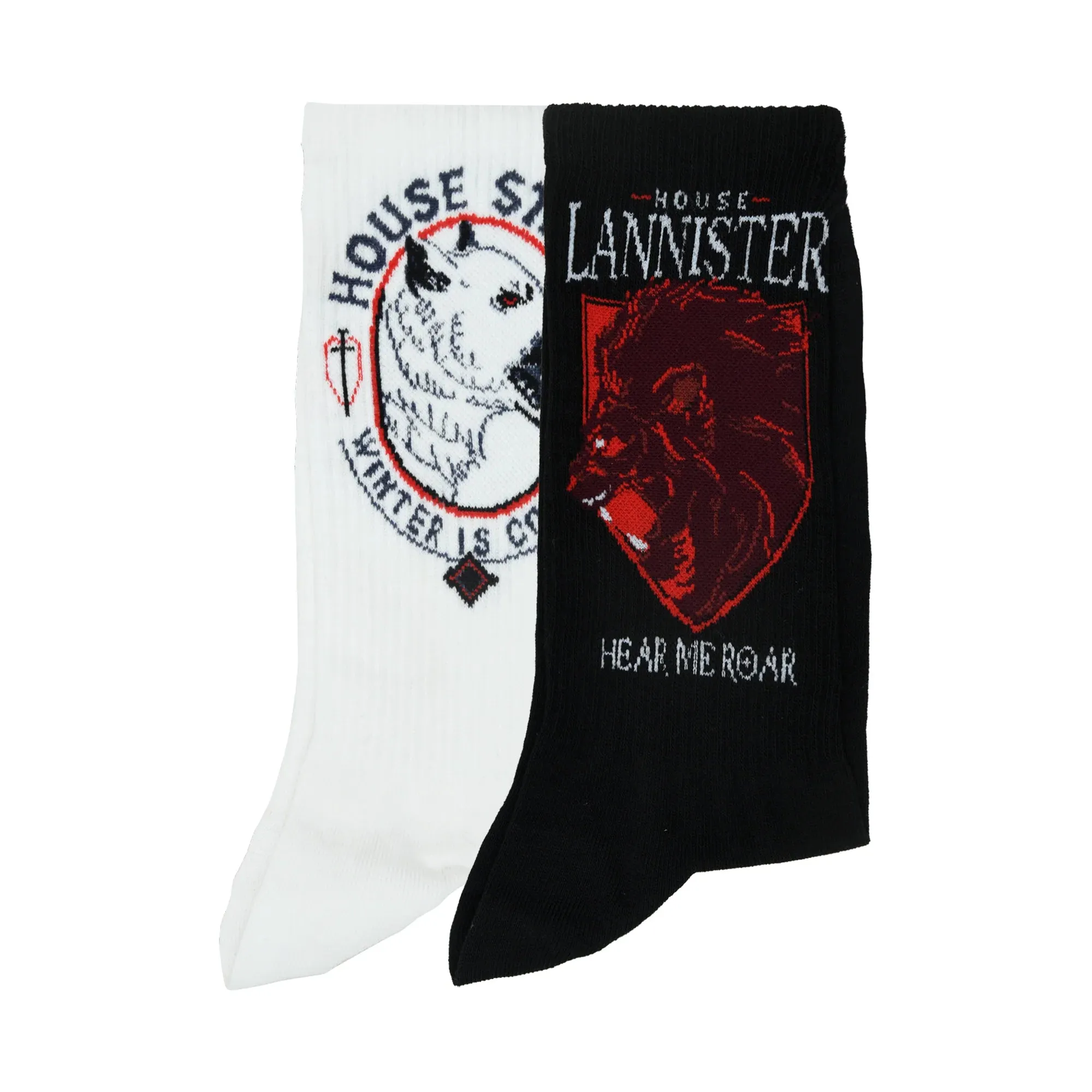 Game Of Thrones House Lannister Sigil & House Of Stark Crew Length Rib Socks For Men - White And Black