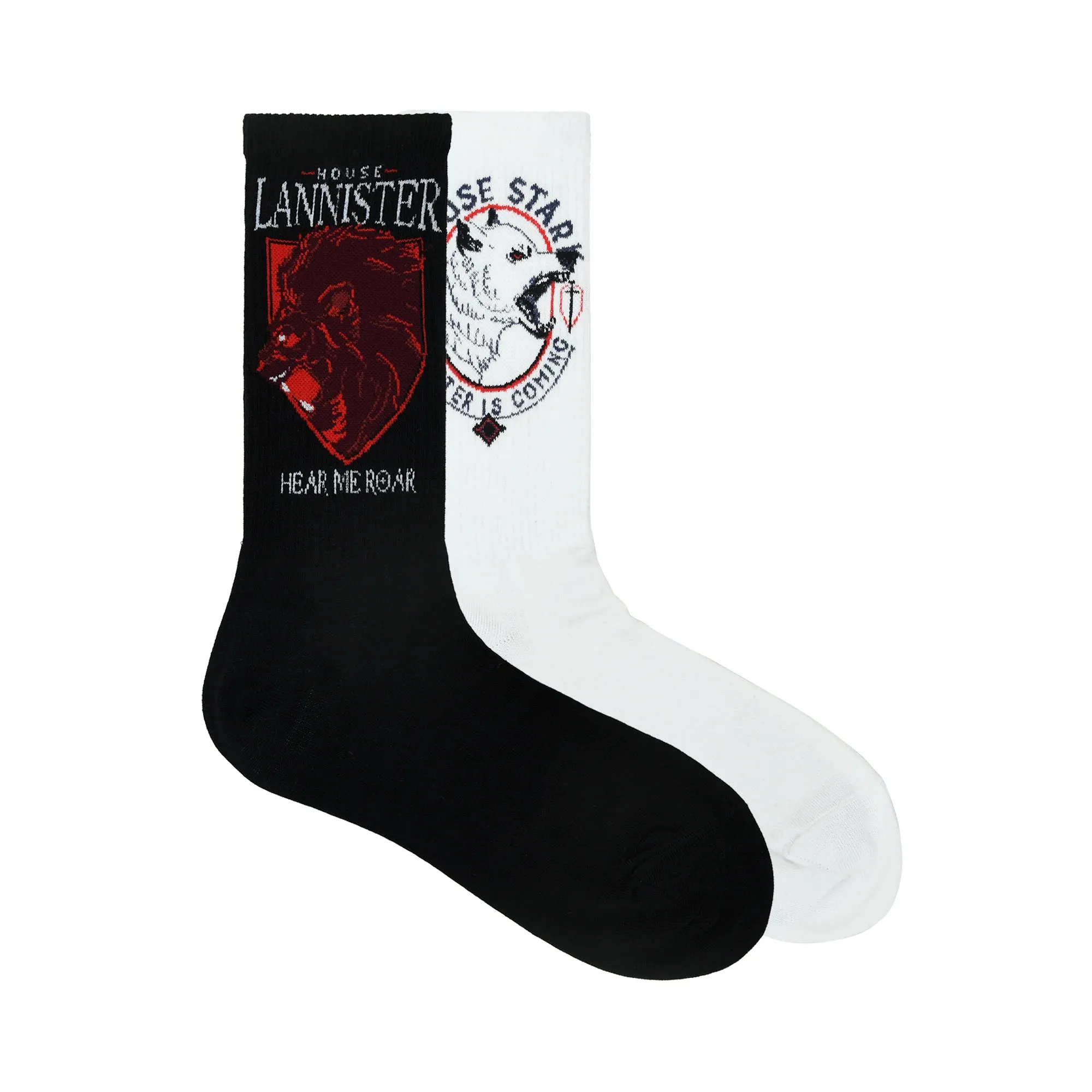 Game Of Thrones House Lannister Sigil & House Of Stark Crew Length Rib Socks For Men - White And Black