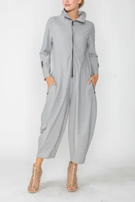 Gray Zip-Up Front Cropped Long Sleeve Jumpsuit