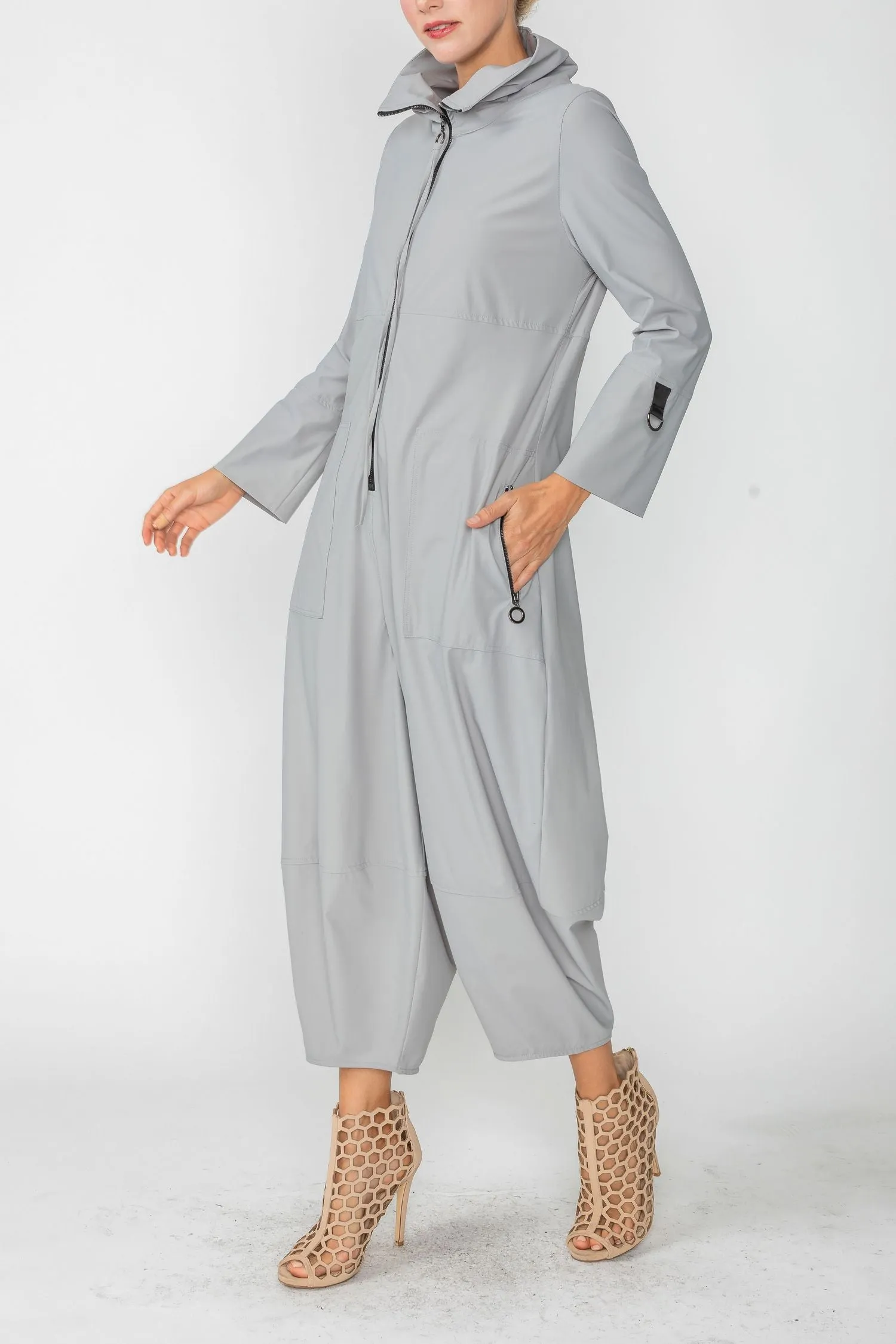 Gray Zip-Up Front Cropped Long Sleeve Jumpsuit