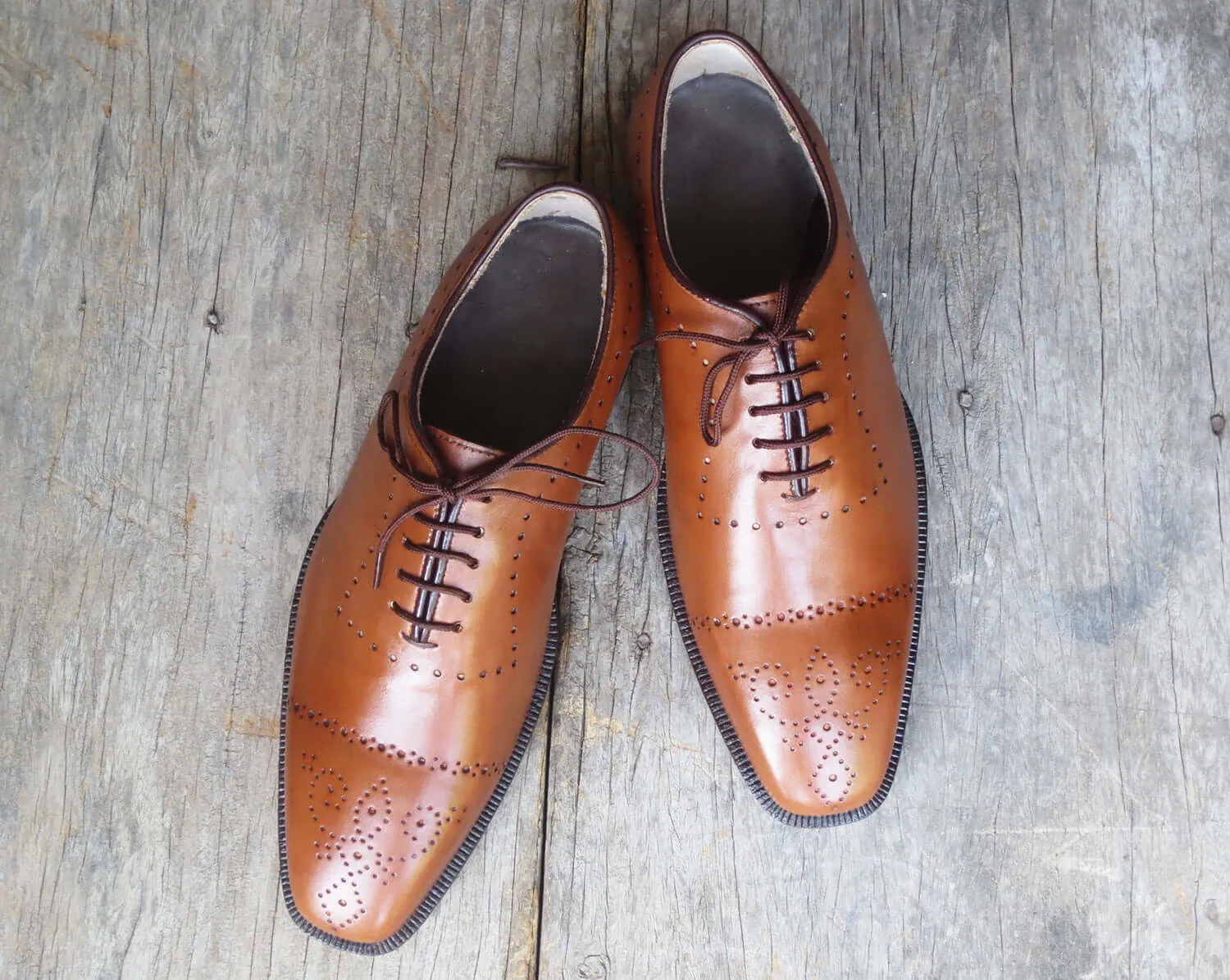 Handmade Men Cap Toe Brogue Tan Leather Stylish Dress Formal Lace Up Shoes