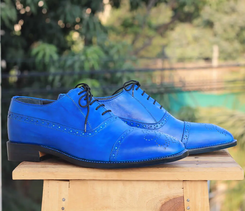 Handmade Men's Blue Leather Cap Toe Brogue Lace Up Shoes, Men Designer Dress Formal Luxury Shoes