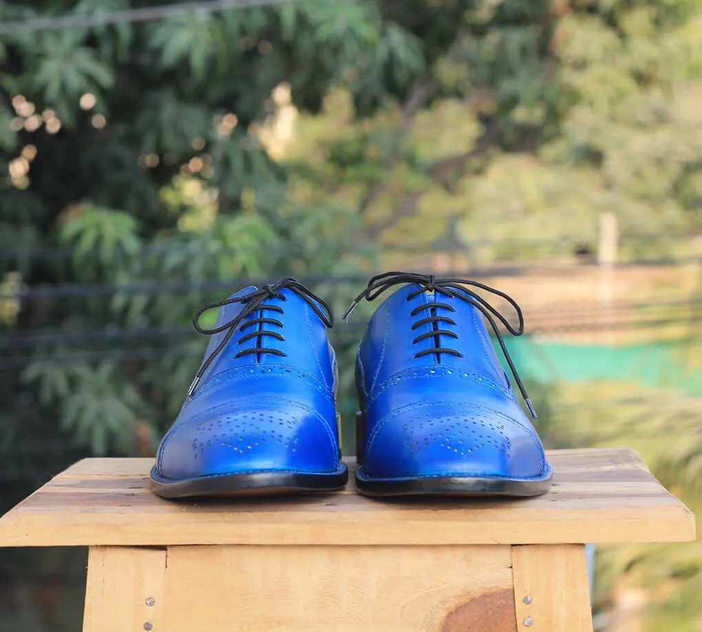 Handmade Men's Blue Leather Cap Toe Brogue Lace Up Shoes, Men Designer Dress Formal Luxury Shoes