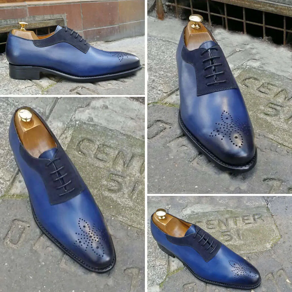 Handmade Men's Blue Leather Suede Lace Up Shoes, Men Brogue Dress Formal Shoes