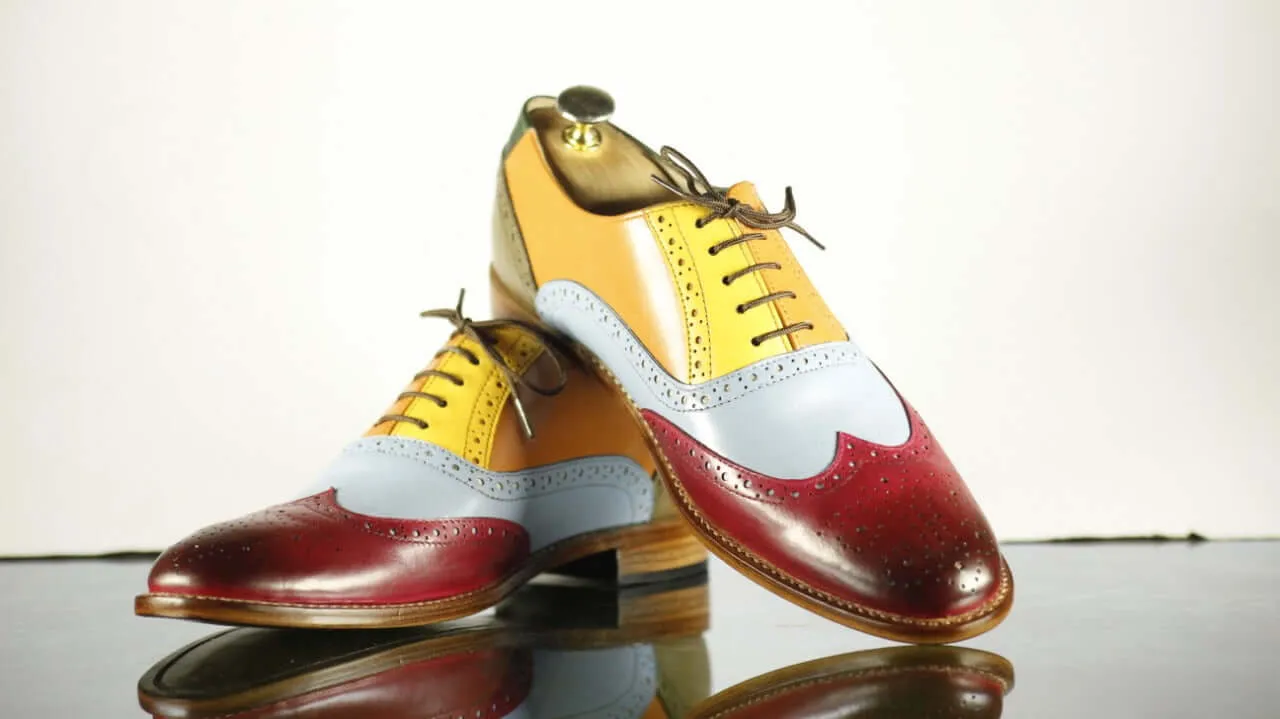 Handmade Men's Multi Color Leather Wing Tip Brogue Lace Up Shoes, Men Designer Dress Formal Shoes