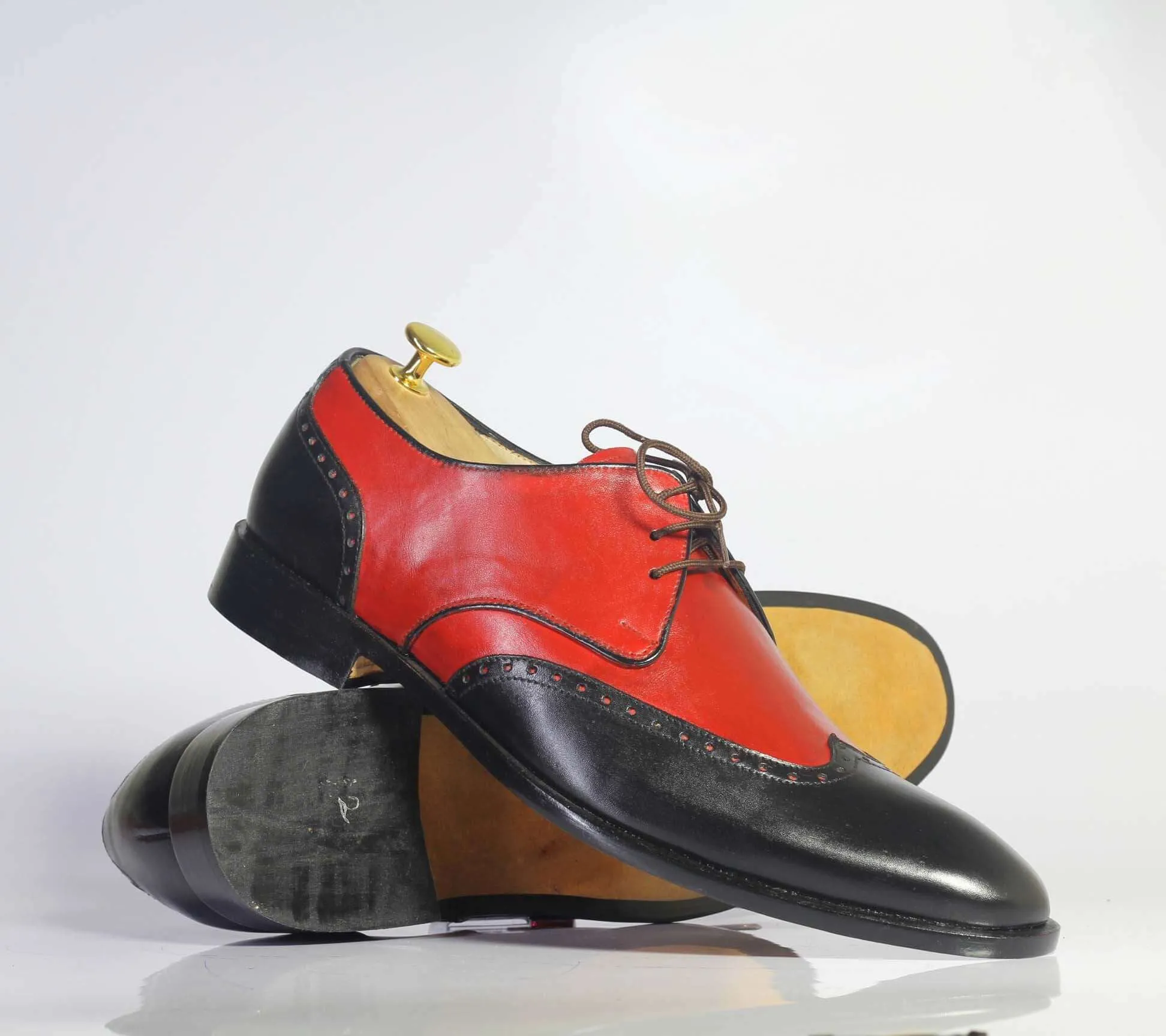 Handmade Men’s Red & Black Wing Tip Leather Shoes, Men Lace Up Dress Shoes