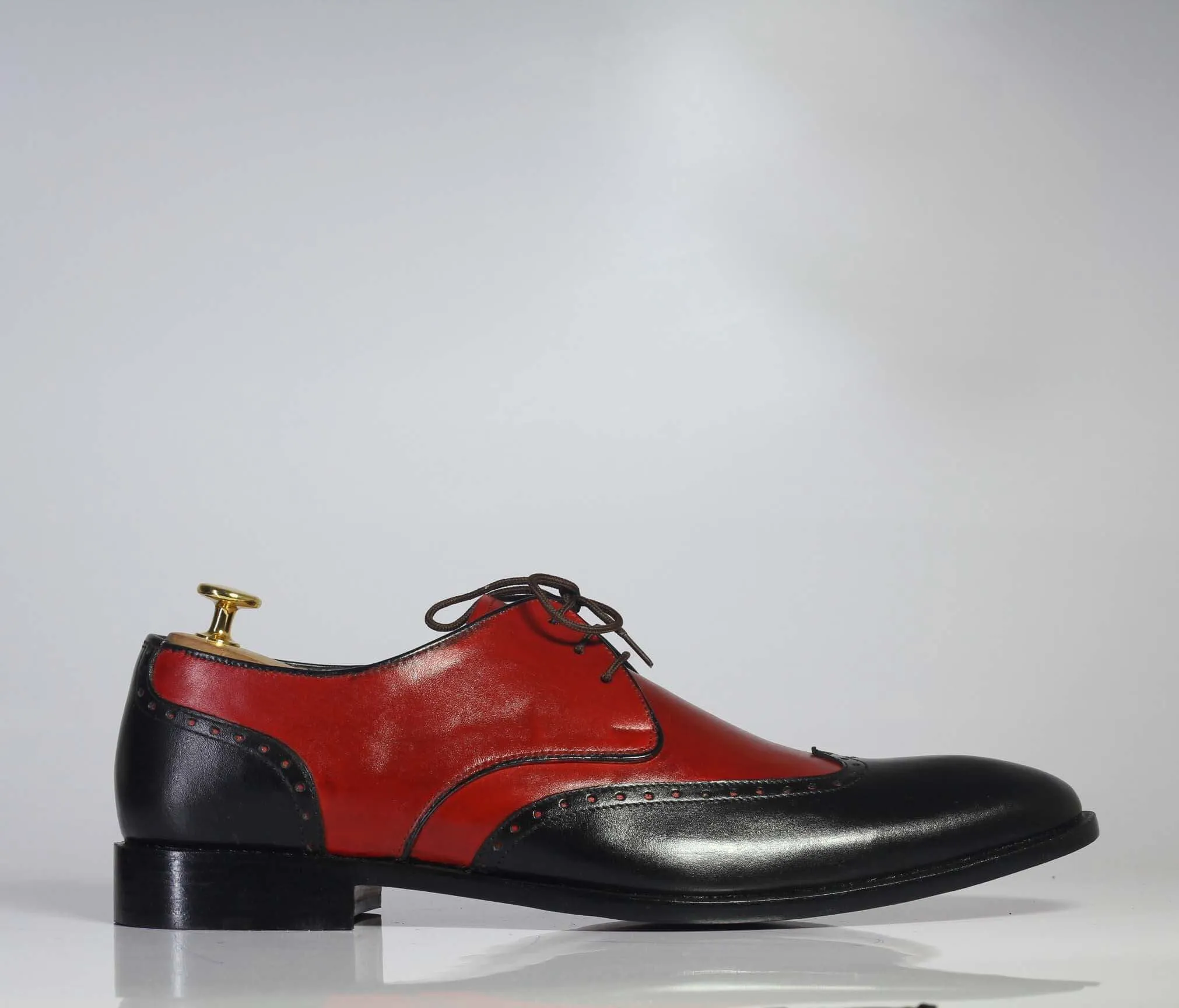 Handmade Men’s Red & Black Wing Tip Leather Shoes, Men Lace Up Dress Shoes