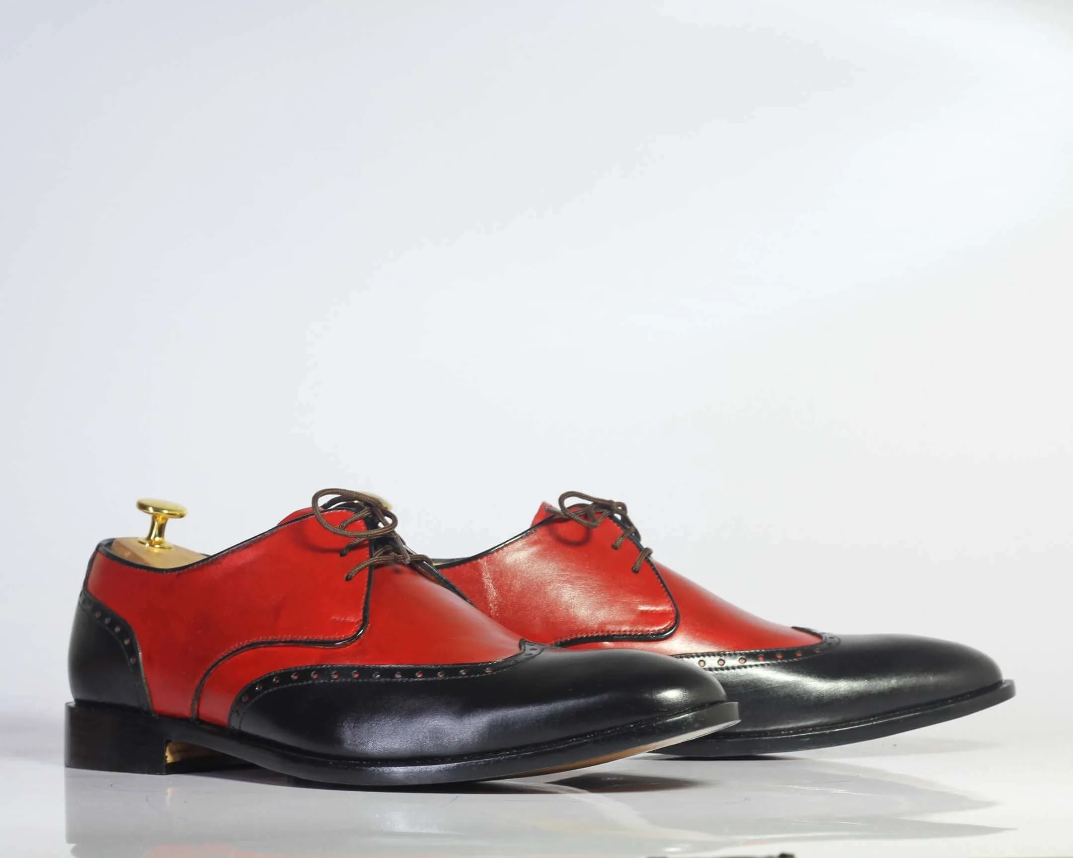 Handmade Men’s Red & Black Wing Tip Leather Shoes, Men Lace Up Dress Shoes