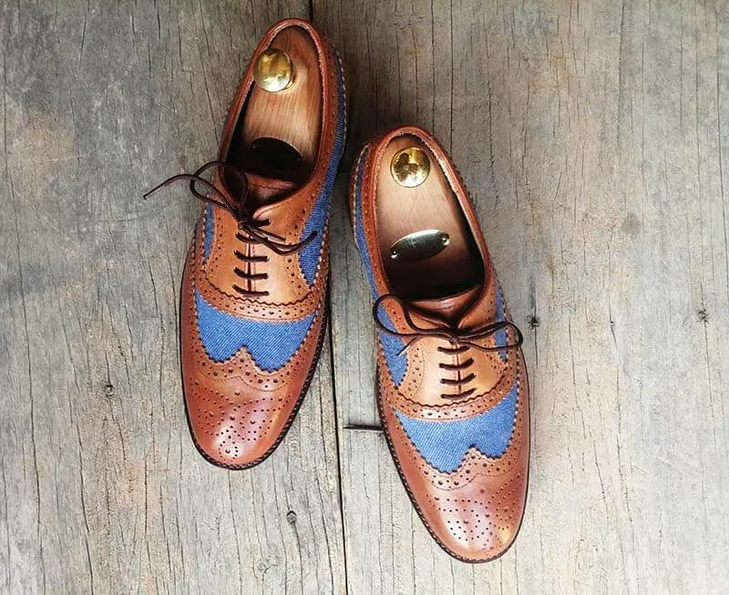 Handmade Men’s Tan Blue Wing Tip Brogue Shoes, Men Denim & Leather Dress Shoes