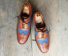 Handmade Men’s Tan Blue Wing Tip Brogue Shoes, Men Denim & Leather Dress Shoes