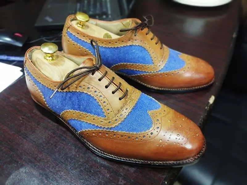 Handmade Men’s Tan Blue Wing Tip Brogue Shoes, Men Denim & Leather Dress Shoes