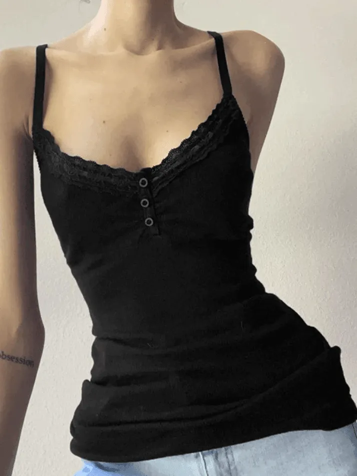 Lace Trim Black Ribbed Cami Top