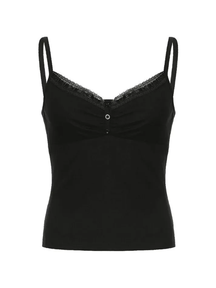 Lace Trim Black Ribbed Cami Top