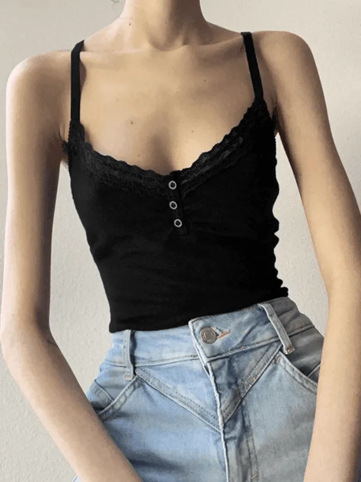 Lace Trim Black Ribbed Cami Top