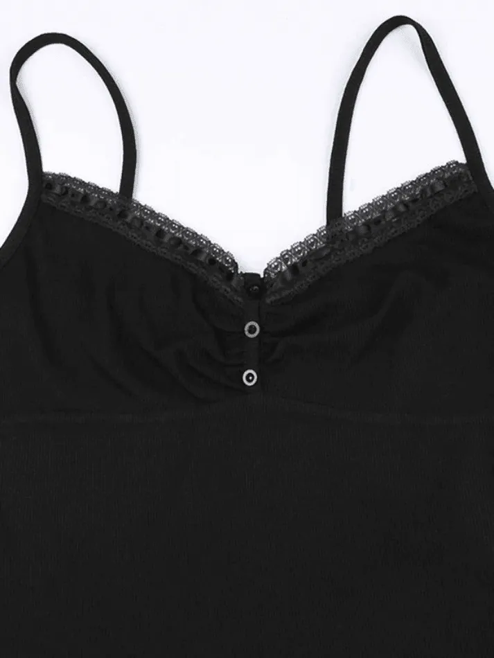 Lace Trim Black Ribbed Cami Top